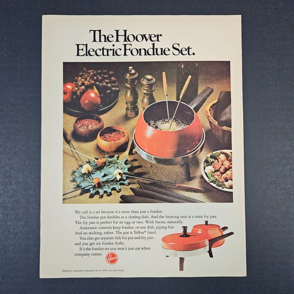 1970 Hoover Electric Fondue Set‎ Vintage Print Ad DuPont Teflon Mini Frying Pan